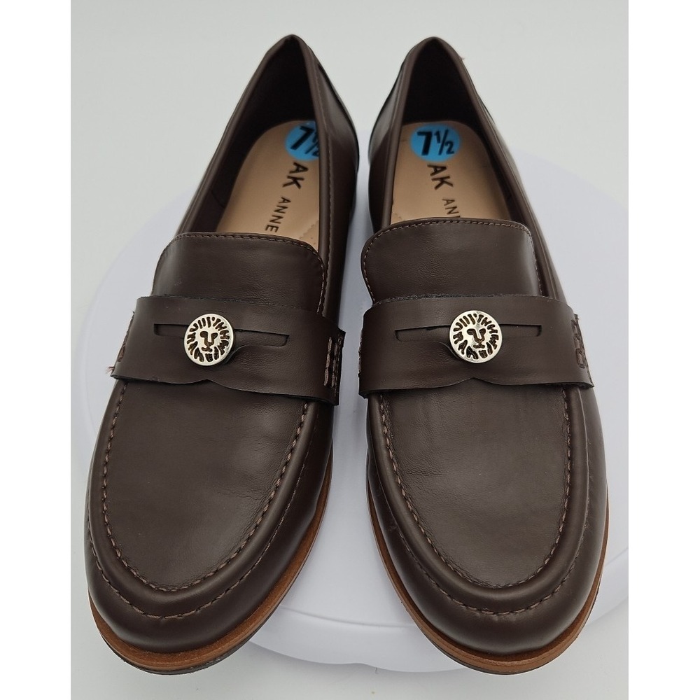 Anne Klein AK Brown Soft Leather iFlex Dress Penny Loafers Gold Logo W/7.5 NWOB